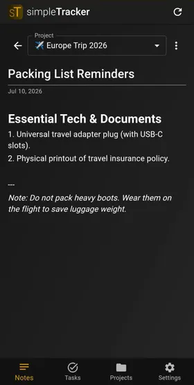 Text note with Markdown content and live preview