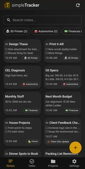 Notes page showing a list of pinned and recent notes