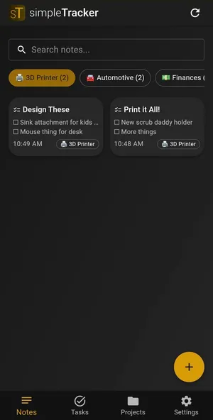 Notes page filtered by project
