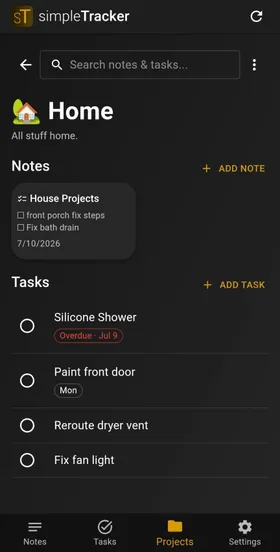 simpleTracker project detail view with notes and tasks
