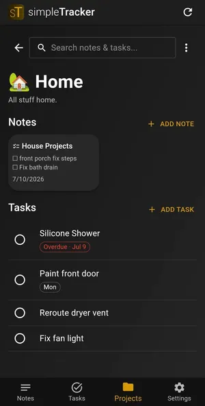 Project detail view showing notes and tasks within the project