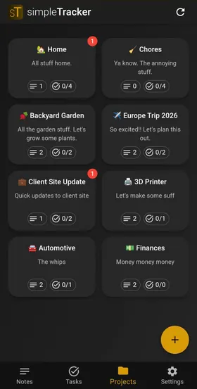 Projects page showing project list
