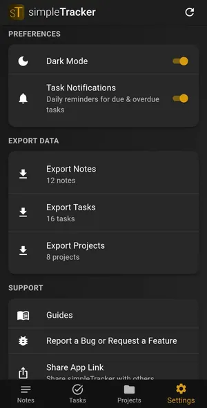Settings page with QR code and sharing options