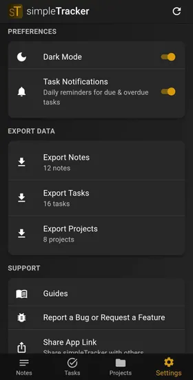 Settings page with QR code sharing and preferences