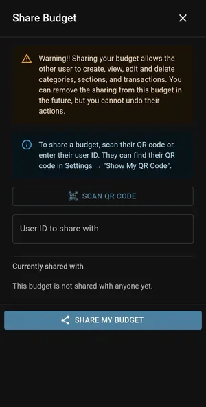 Manual user ID input for sharing a budget