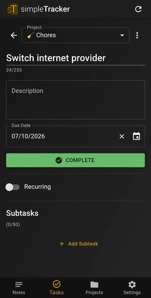 Task detail view with subtasks, due date, and project assignment