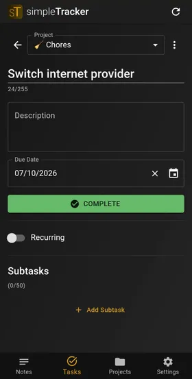 Task detail view with subtasks and due date