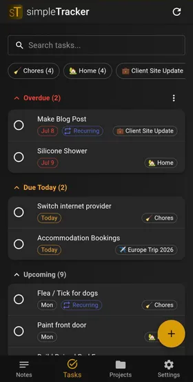 Tasks page showing tasks with due date indicators