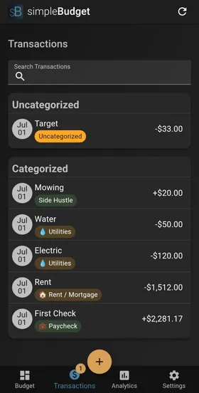 Transactions list showing recent expenses with categories